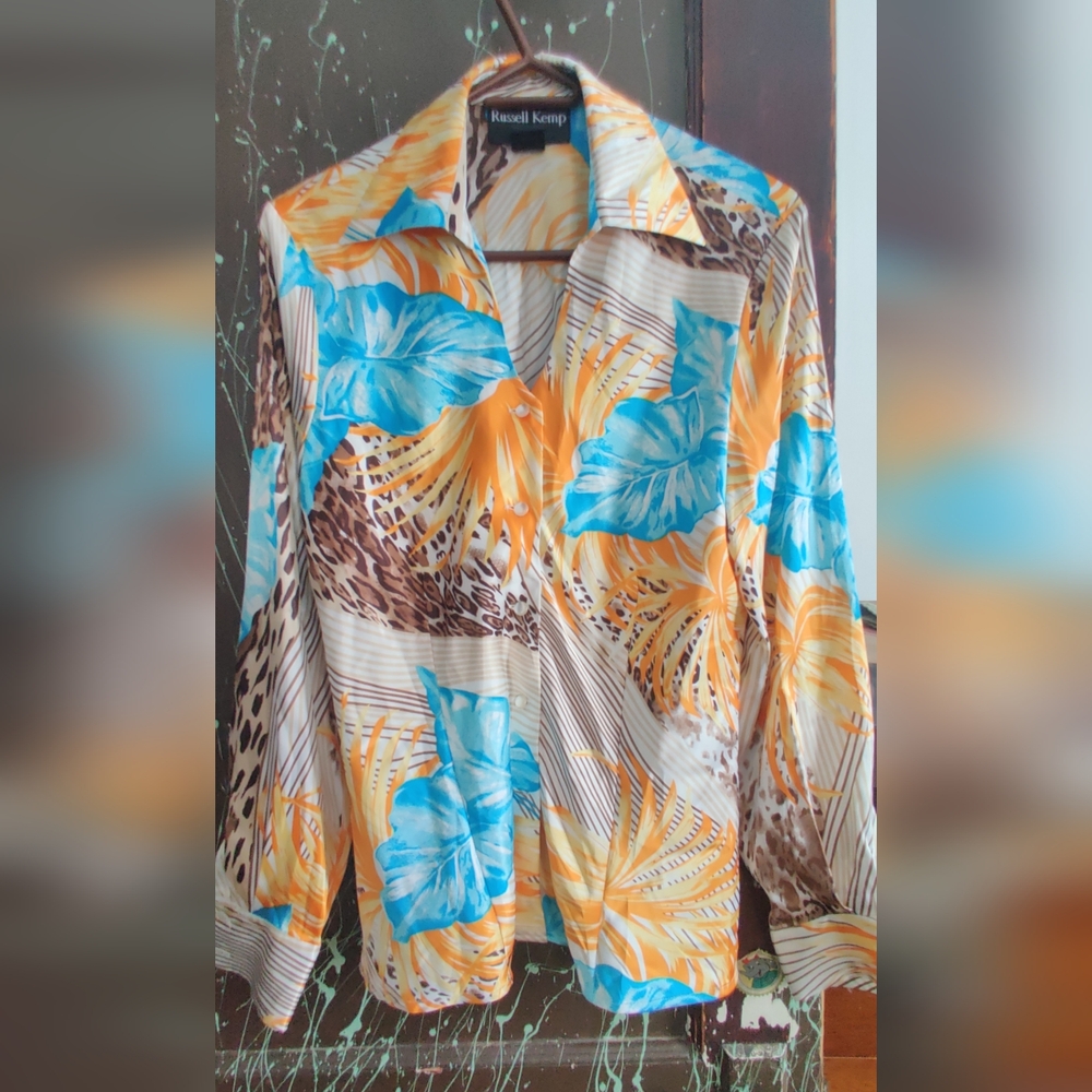 Russell Kemp Blue and Orange Floral Blouse